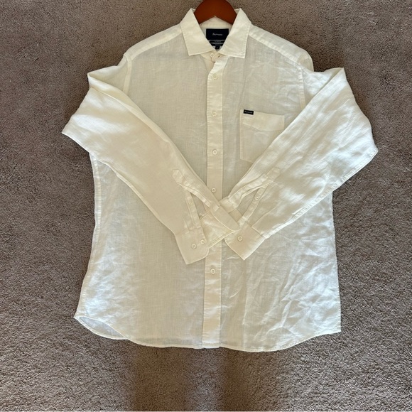 Faconnable 100% Linen Button Down Shirt Mens L Cream Resort Summer - Picture 2 of 10